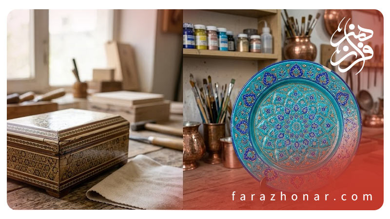 جعبه خاتم کاری و بشقاب میناکاری